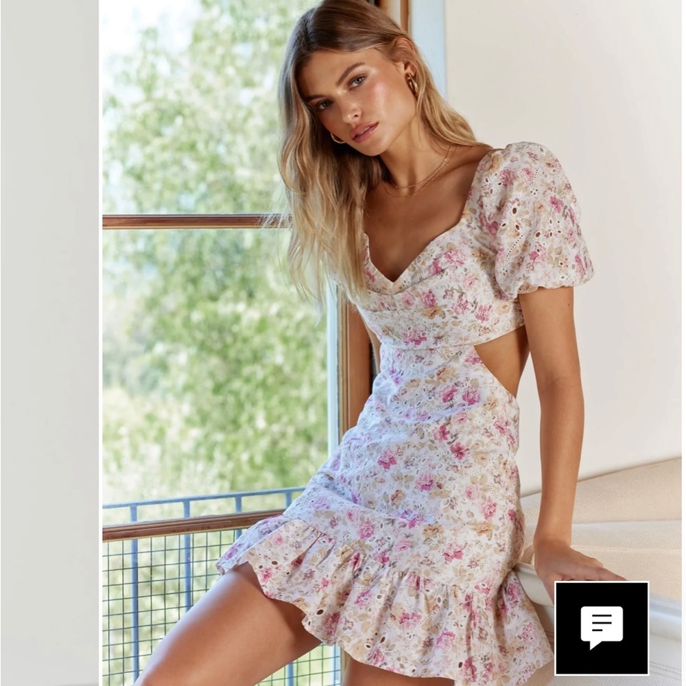 Astr White Floral Eyelet Mini Dress with Pink Blossoms